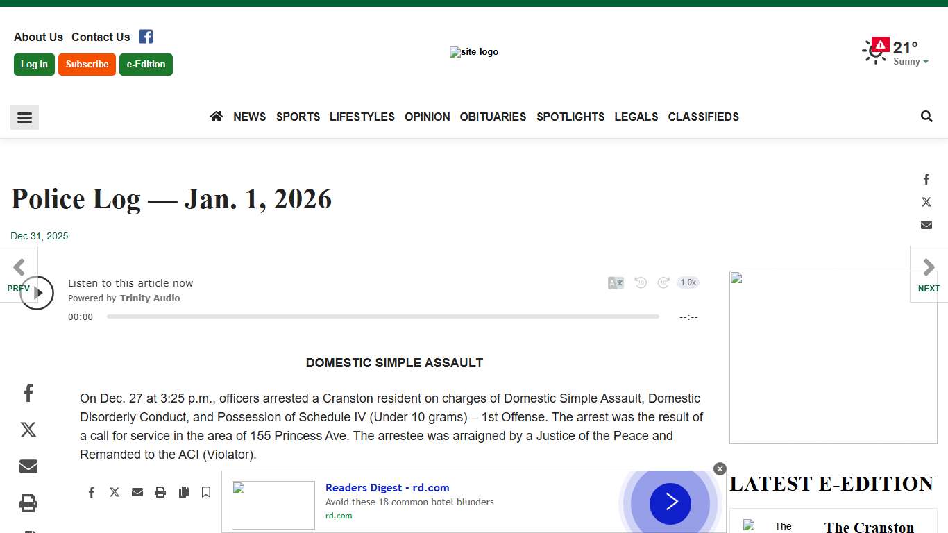 Police Log –– Jan. 1, 2026 | Police Log | cranstononline.com